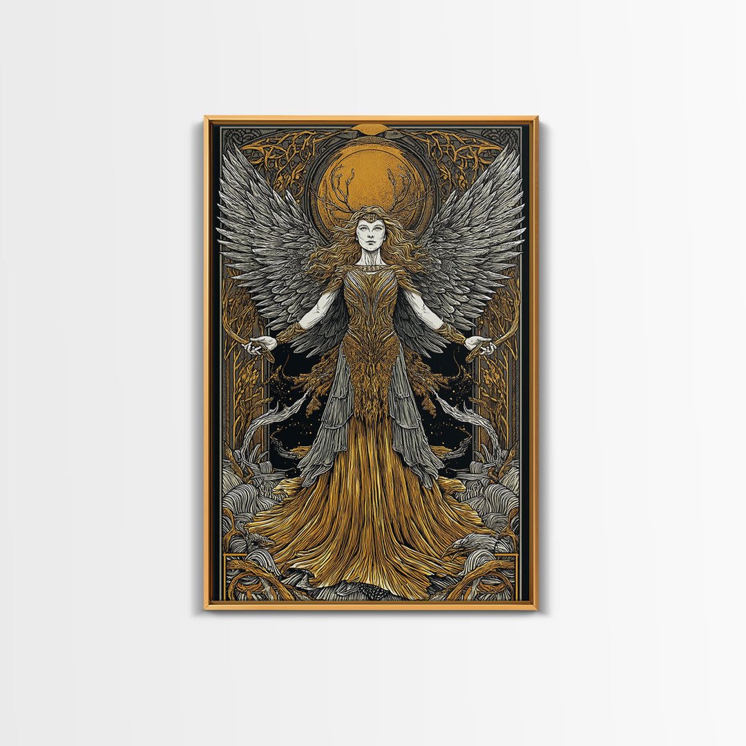 Mythical Winged Goddess Canvas Gold Canvas Print, Fantasy Divine Woman Art, Ethereal Luxury Decor With Real Wood Frame