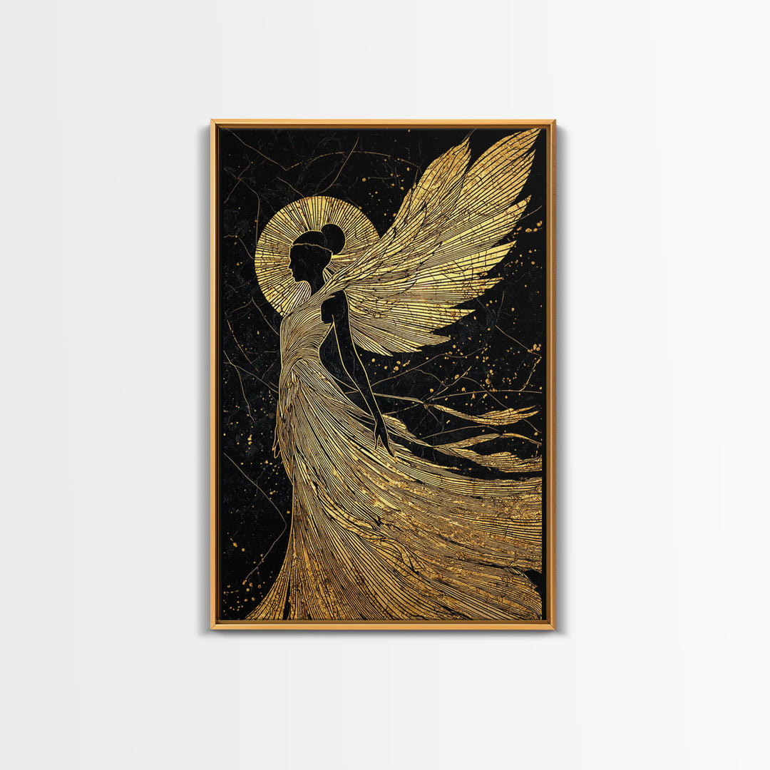 Golden Angelic Silhouette Canvas Gold Canvas Print, Elegant Divine Figure Art, Celestial Decor With Real Wood Frame