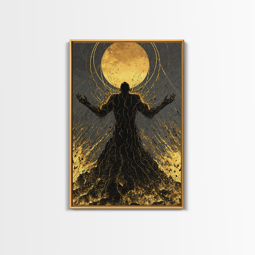 Cosmic Ascension Canvas Gold Canvas Print, Abstract Silhouette Moon Art, Spiritual Mythology Decor With Real Wood Frame