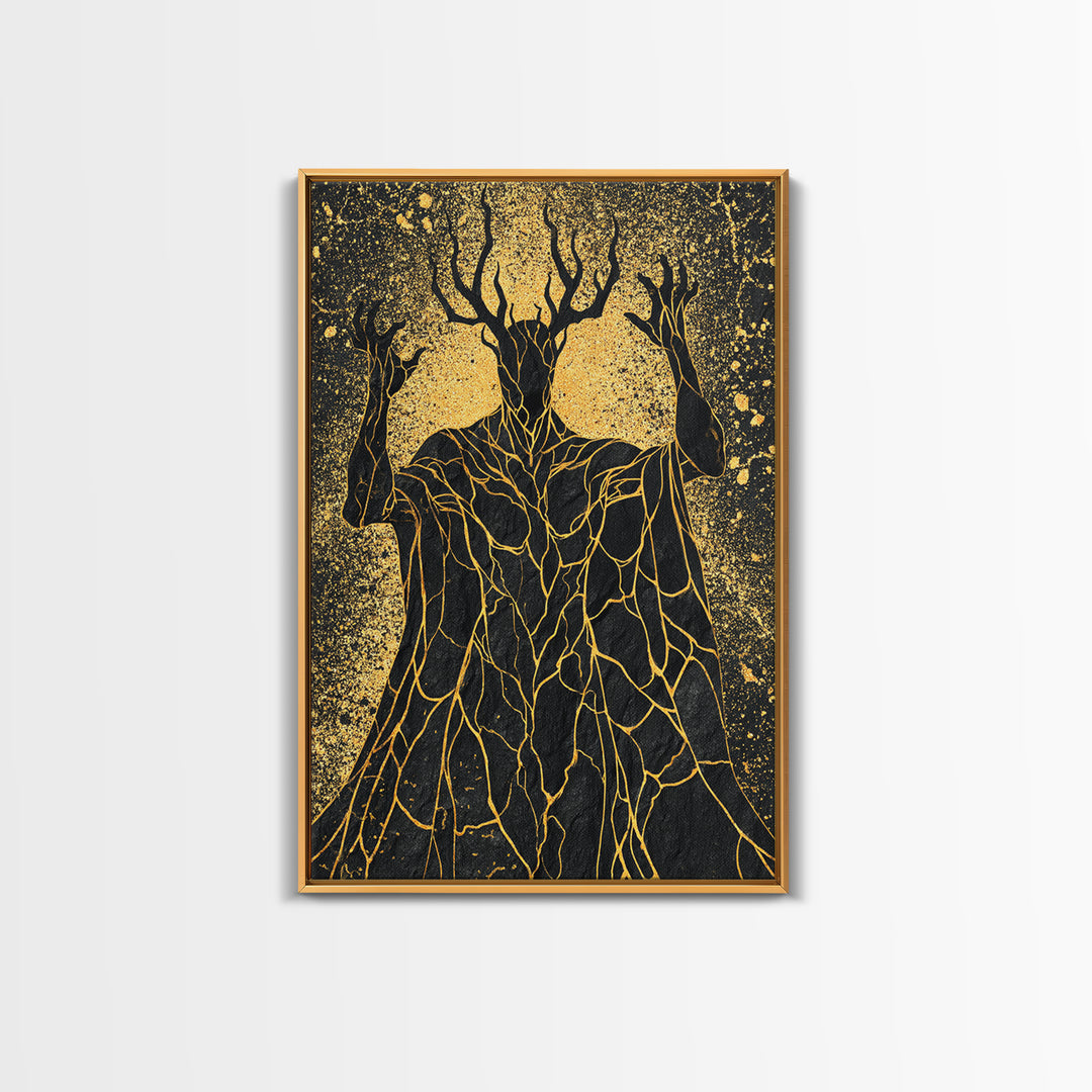 Antlered Mythical Deity Canvas Gold Canvas Print, Fantasy Abstract Wall Art, Mystical Surreal Figure, Real Wood Frame