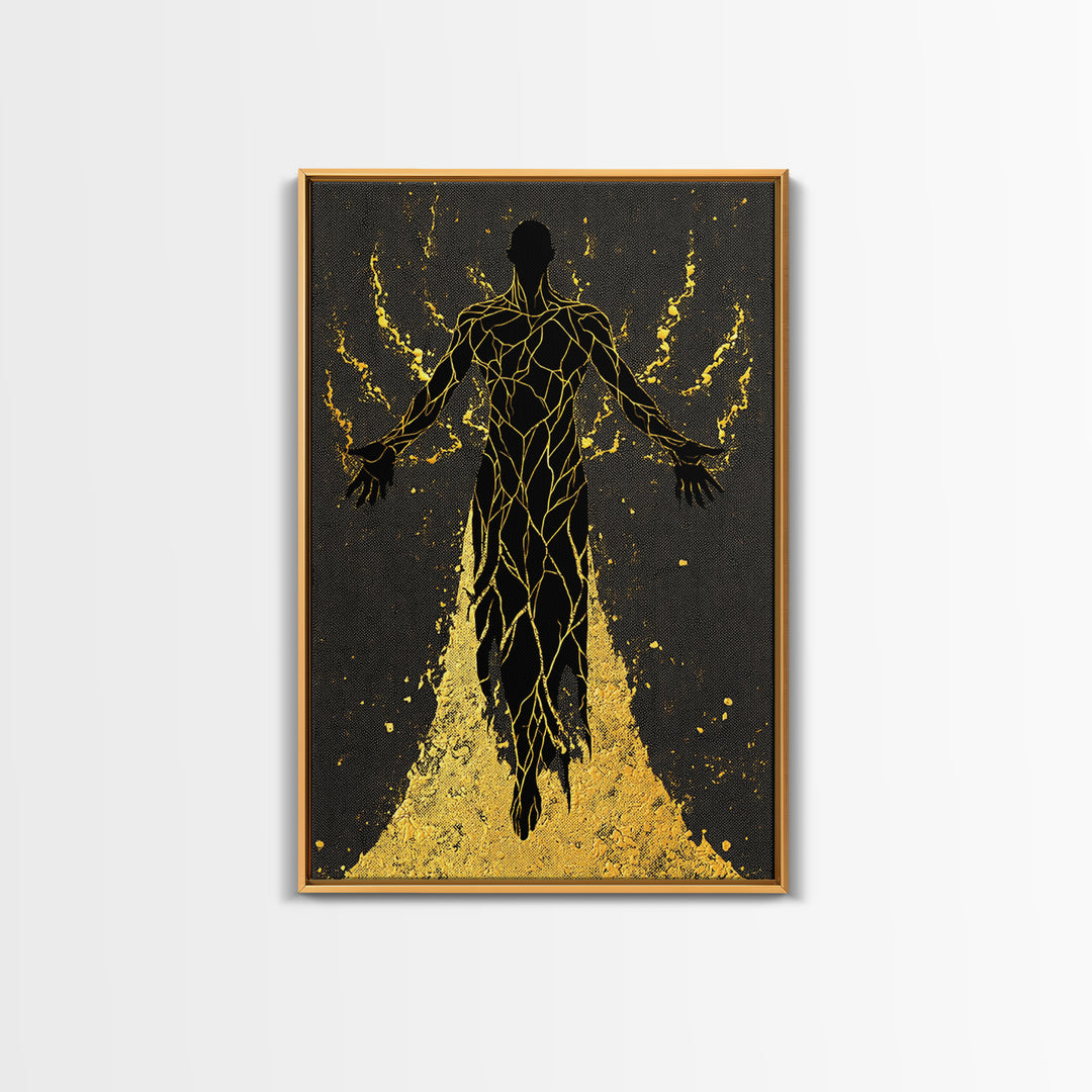 Radiant Ascension Canvas Gold Canvas Print, Mythological Abstract Silhouette, Celestial Fantasy Wall Art, Real Wood Frame