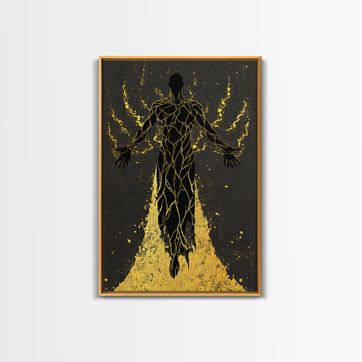 Radiant Ascension Canvas Gold Canvas Print, Mythological Abstract Silhouette, Celestial Fantasy Wall Art, Real Wood Frame