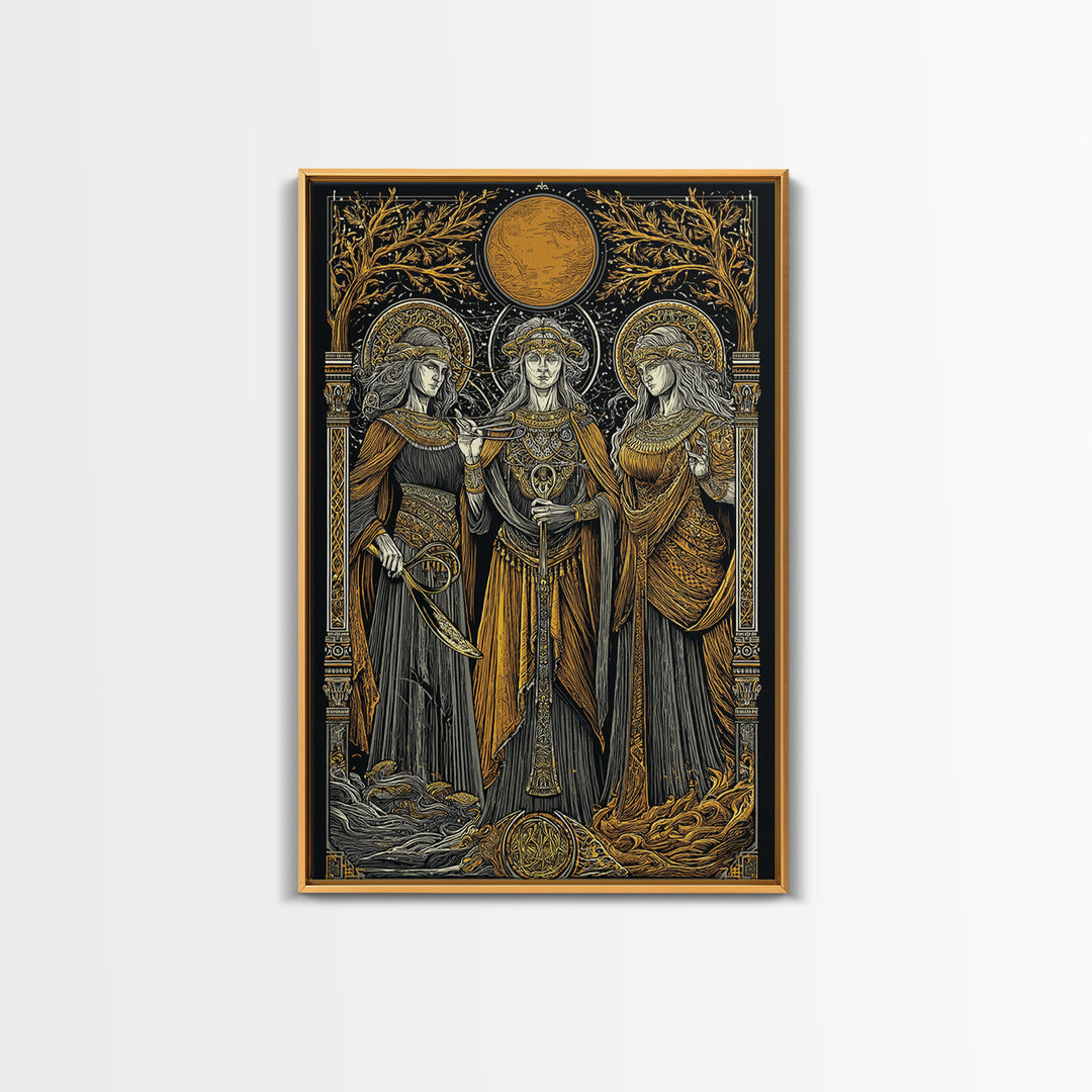Three Goddesses Mythological Canvas Gold Canvas Print, Greek Goddess Wall Art, Sacred Feminine Decorative Art, Real Wood Frame