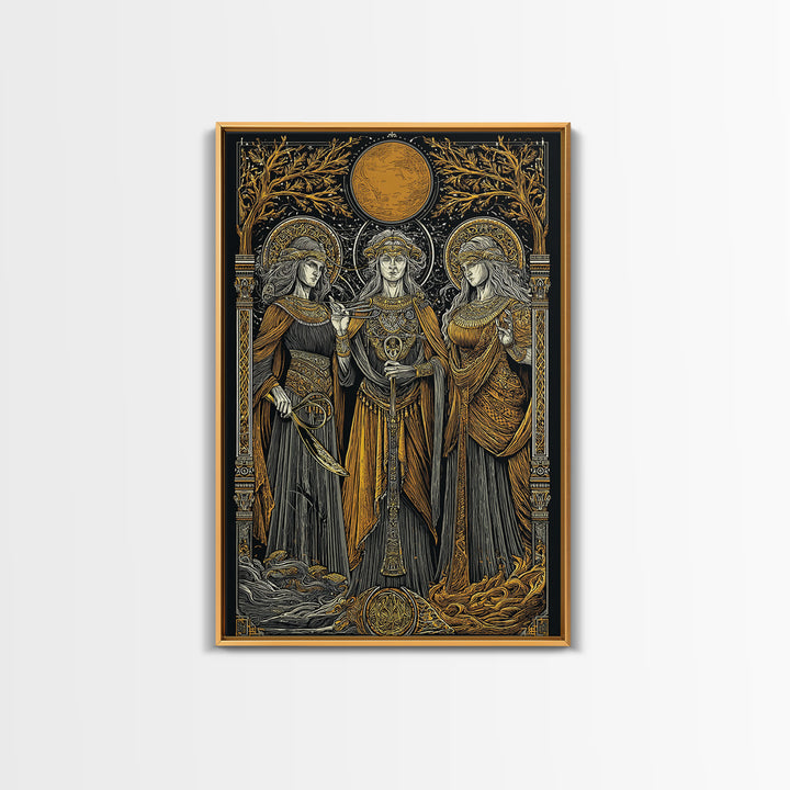 Three Goddesses Mythological Canvas Gold Canvas Print, Greek Goddess Wall Art, Sacred Feminine Decorative Art, Real Wood Frame