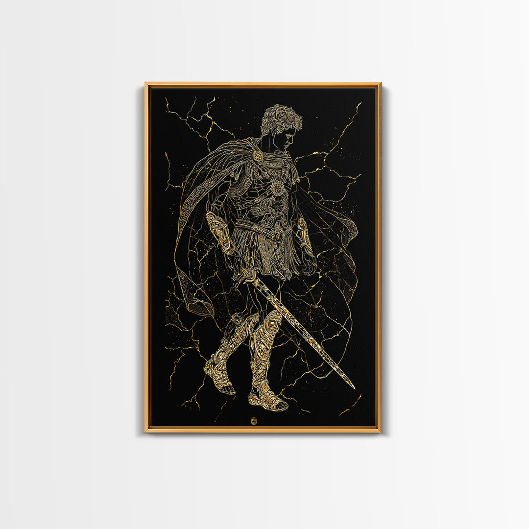 Roman Warrior Hero Canvas Gold Canvas Print, Ancient Gladiator Wall Art, Mythological Soldier Decor, Real Wood Frame