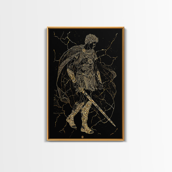Roman Warrior Hero Canvas Gold Canvas Print, Ancient Gladiator Wall Art, Mythological Soldier Decor, Real Wood Frame