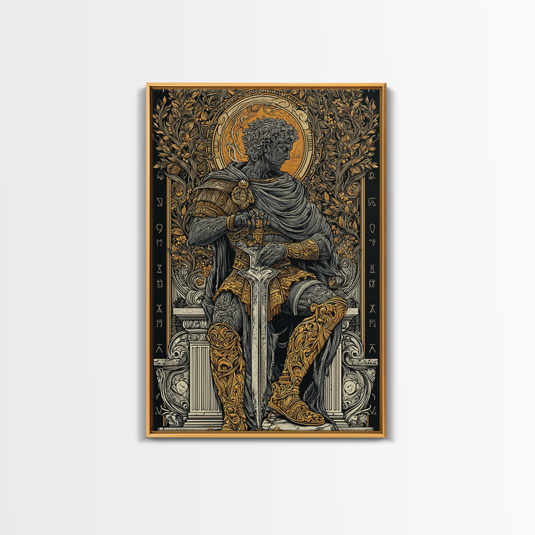 Seated Roman King Canvas Gold Canvas Print, Ancient Emperor Wall Art, Regal Mythological Decor, Real Wood Frame