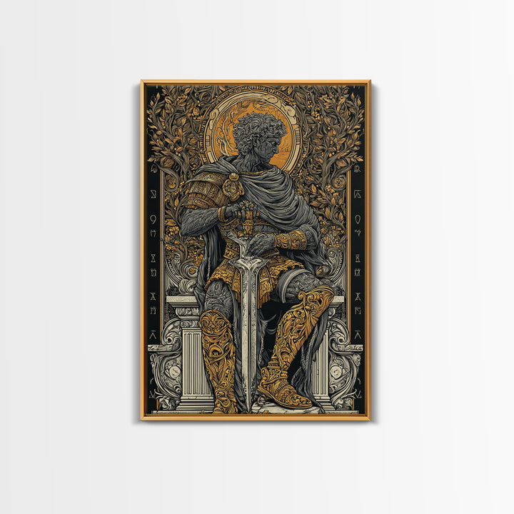 Seated Roman King Canvas Gold Canvas Print, Ancient Emperor Wall Art, Regal Mythological Decor, Real Wood Frame