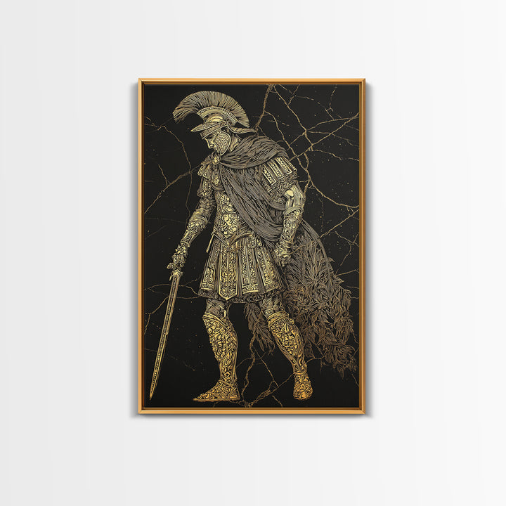 Mythical Roman Soldier Canvas Gold Canvas Print, Ancient Gladiator Wall Art, Warrior Decorative Art, Real Wood Frame