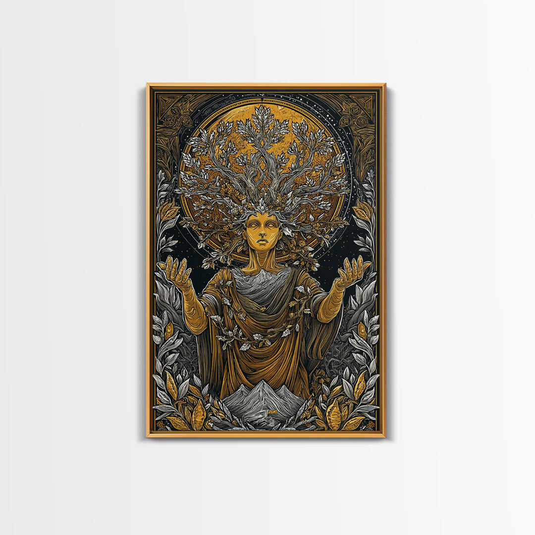 Gaia Mother Earth Canvas Gold Canvas Print, Greek Goddess Wall Art, Divine Nature Decorative Art, Real Wood Frame