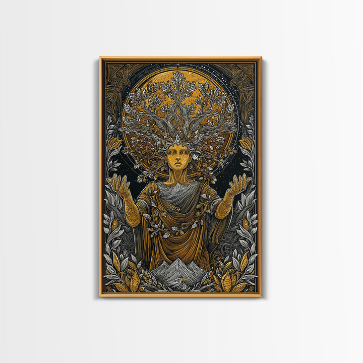 Gaia Mother Earth Canvas Gold Canvas Print, Greek Goddess Wall Art, Divine Nature Decorative Art, Real Wood Frame