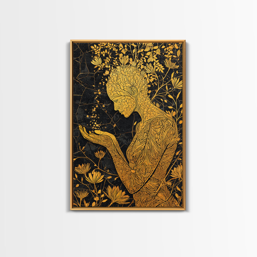 Floral Spirit Goddess Canvas Gold Canvas Print, Botanical Mythological Wall Art, Feminine Divine Decor, Real Wood Frame