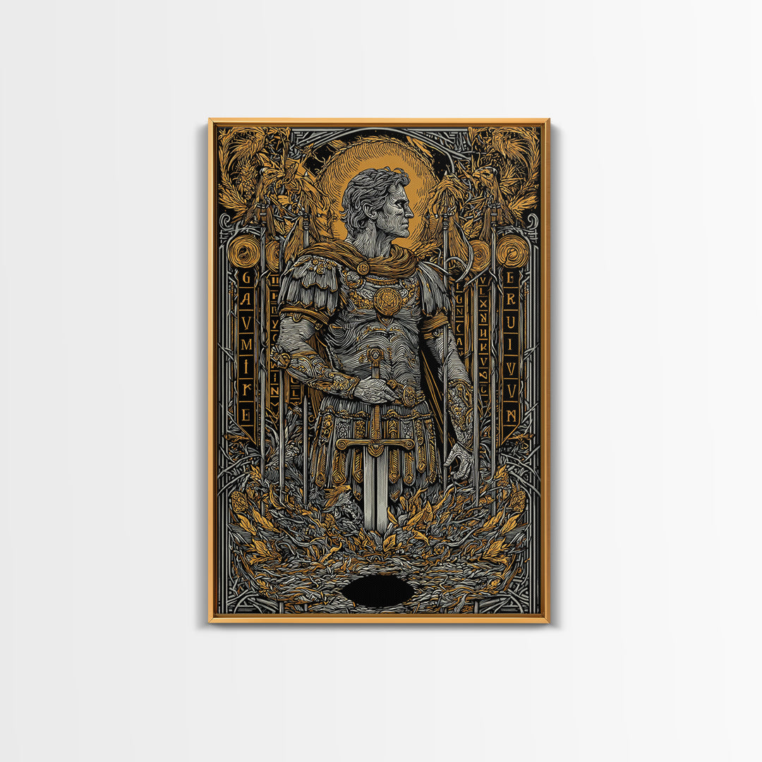 Roman Warrior Holding Sword, Canvas Gold Canvas Print, Ancient Soldier Artwork, Mythology Wall Art, Real Wood Frame