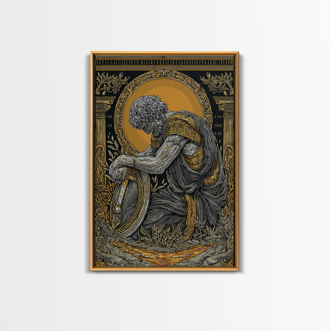 Kneeling Roman Soldier With Shield, Canvas Gold Art, Mythology Inspired Print, Ancient History Wall Decor, Real Wood Frame