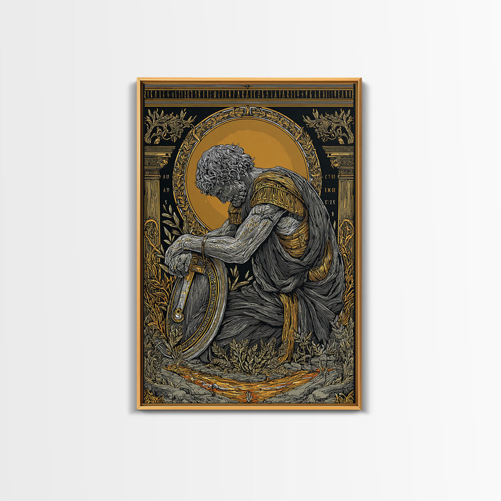 Kneeling Roman Soldier With Shield, Canvas Gold Art, Mythology Inspired Print, Ancient History Wall Decor, Real Wood Frame