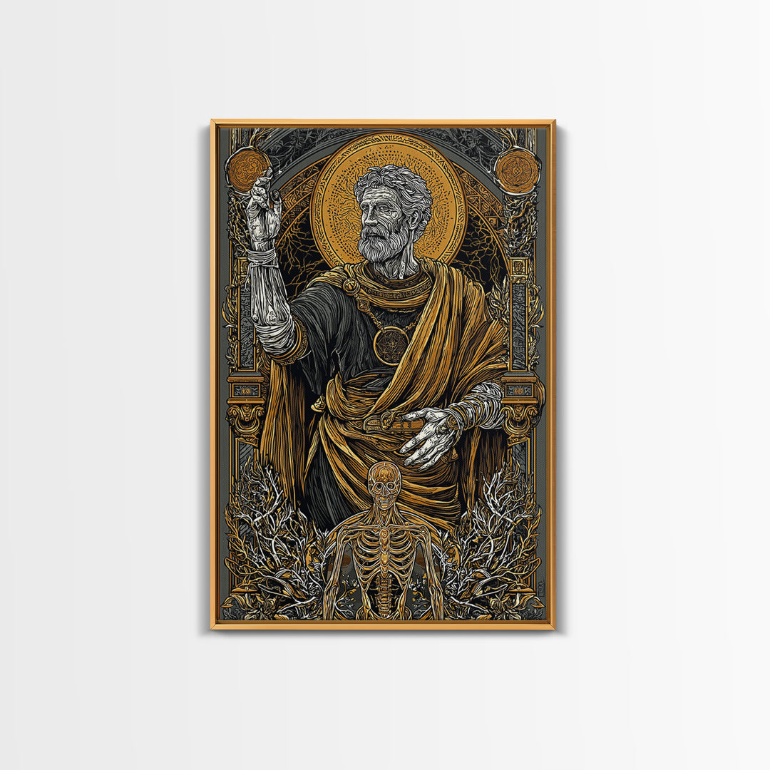Ancient Philosopher With Skeleton, Canvas Gold Canvas Print, Mythology Wall Art, Classical History Artwork, Real Wood Frame