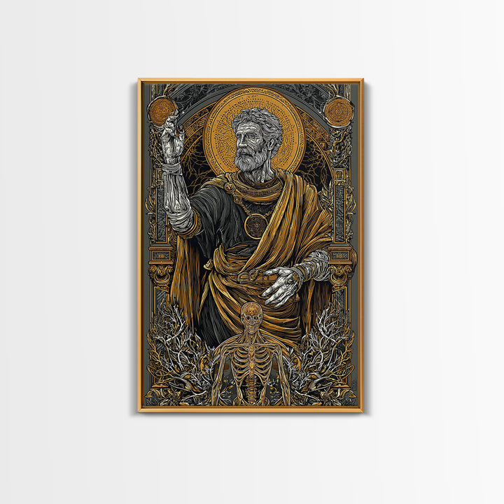 Ancient Philosopher With Skeleton, Canvas Gold Canvas Print, Mythology Wall Art, Classical History Artwork, Real Wood Frame
