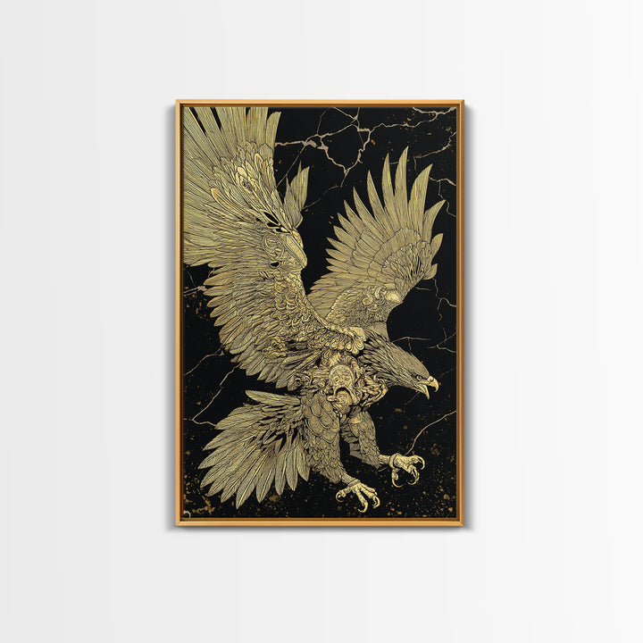 Majestic Eagle In Flight, Canvas Gold Art, Mythology Inspired Bird Print, Ancient Symbol Wall Decor, Luxury Real Wood Frame