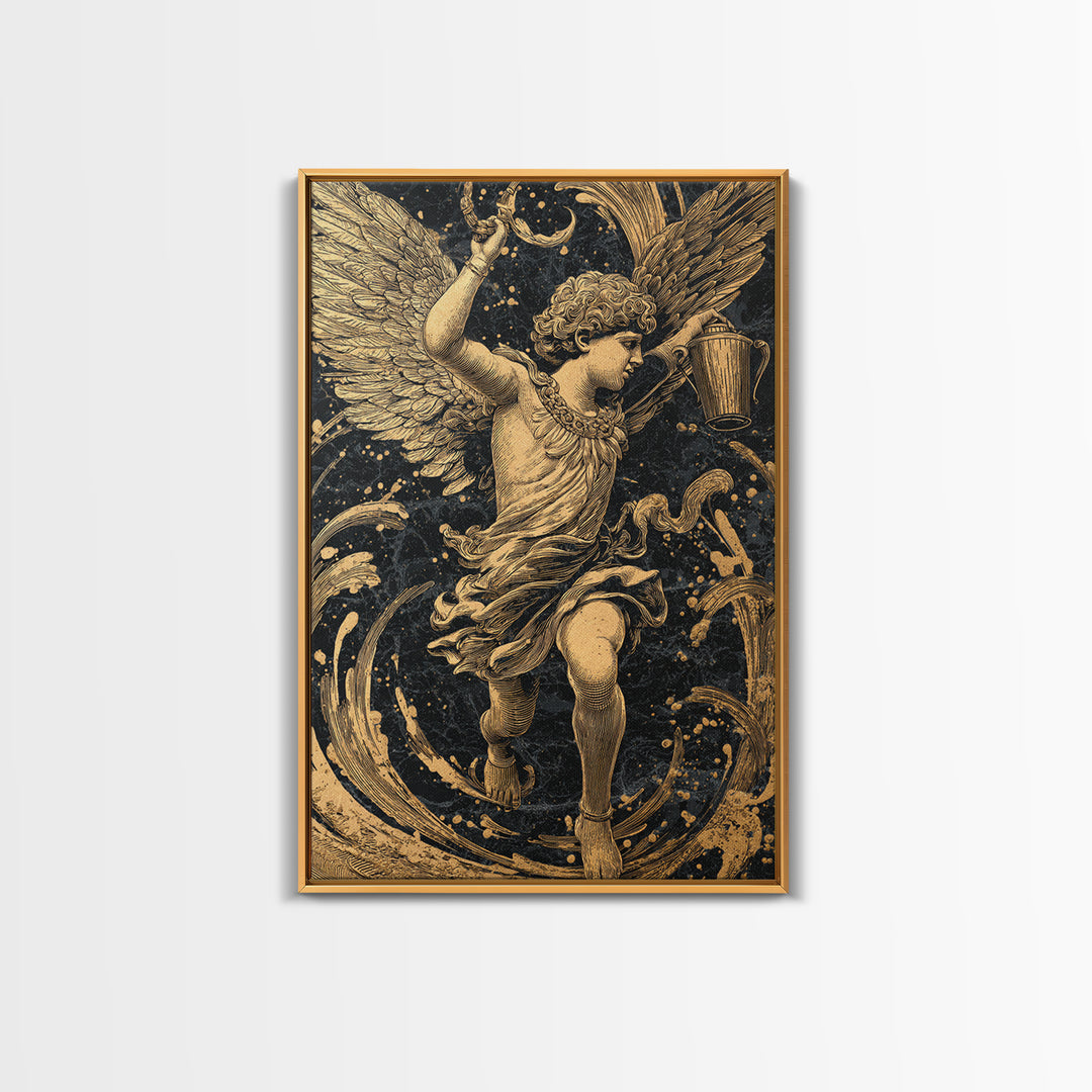 Winged Angel With Water Vessel, Canvas Gold Canvas Print, Mythology Inspired Artwork, Ancient Classical Decor, Real Wood Frame