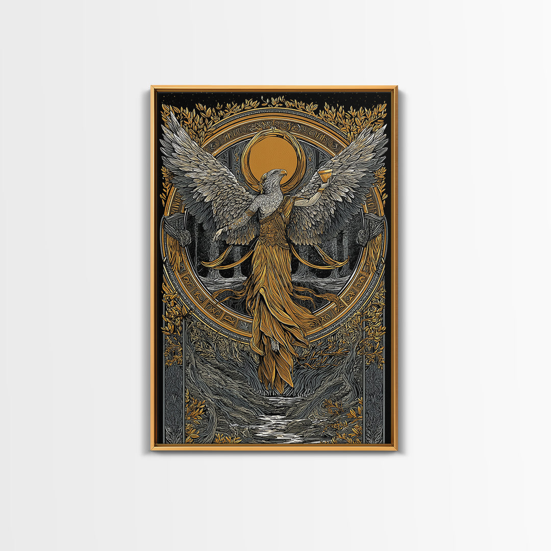Eagle Headed Deity Holding Chalice, Canvas Gold Art, Mythology Inspired Wall Print, Ancient Symbol Artwork, Real Wood Frame