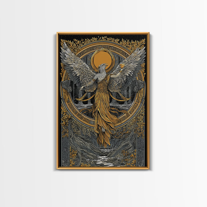 Eagle Headed Deity Holding Chalice, Canvas Gold Art, Mythology Inspired Wall Print, Ancient Symbol Artwork, Real Wood Frame