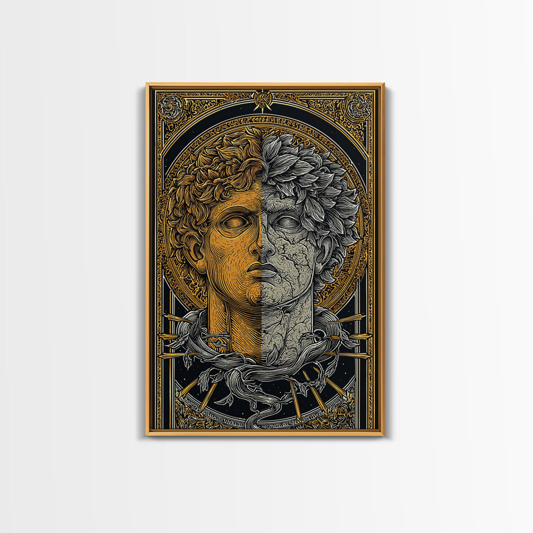Dual Faced Mythological Bust, Canvas Gold Canvas Print, Ancient Symbolic Artwork, Mythology Inspired Wall Decor, Real Wood Frame