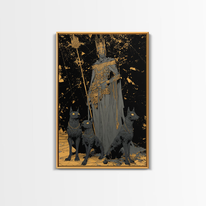 Dark King With Hounds, Canvas Gold Art, Mythology Inspired Canvas Print, Ancient Underworld Wall Artwork, Real Wood Frame