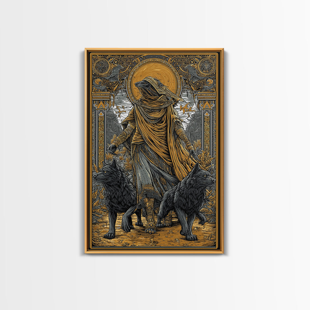 Hooded Deity With Wolves, Canvas Gold Canvas Print, Mythology Inspired Artwork, Ancient Symbolic Wall Decor, Real Wood Frame