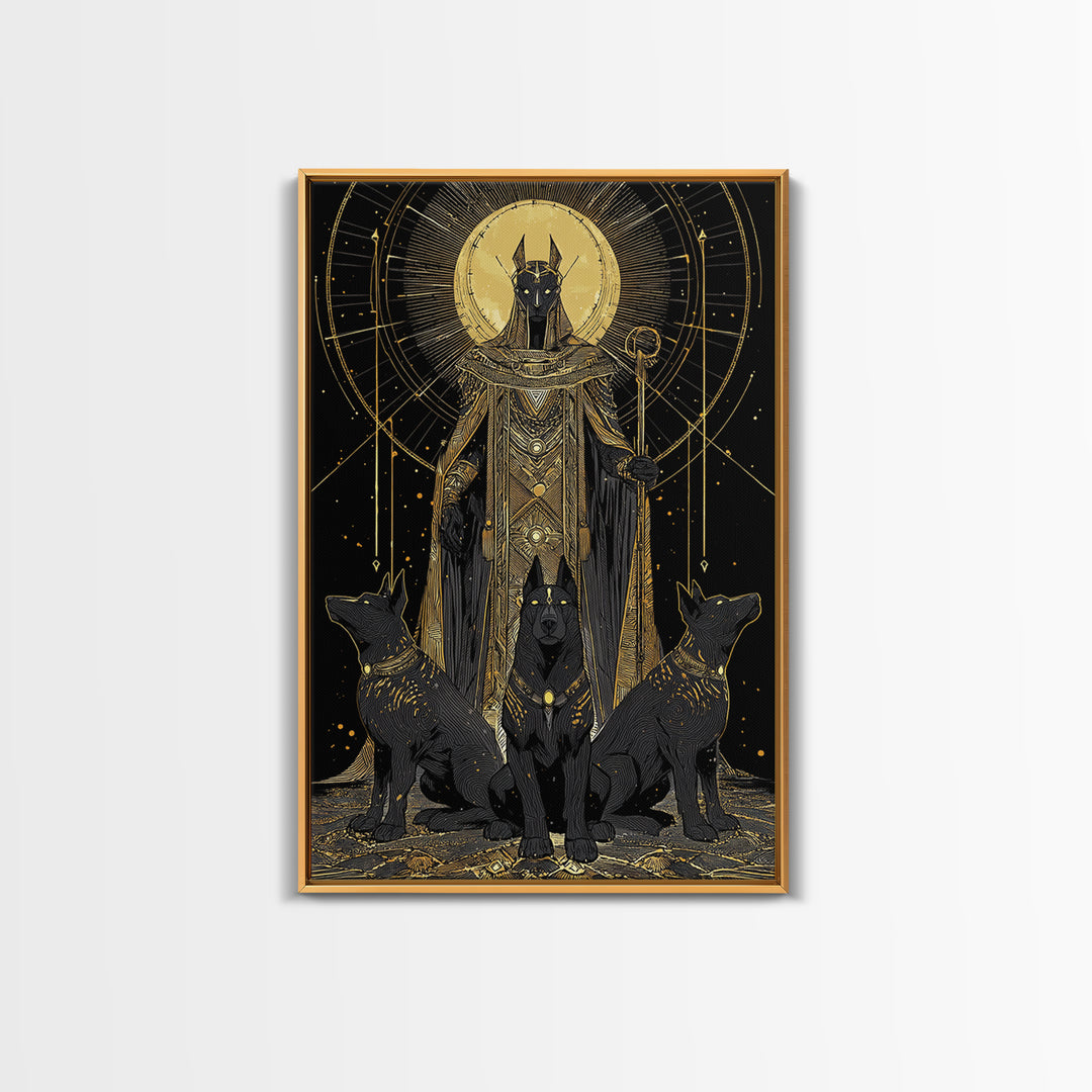Anubis With Sacred Hounds, Canvas Gold Art, Mythology Inspired Canvas Print, Egyptian God Wall Artwork, Real Wood Frame