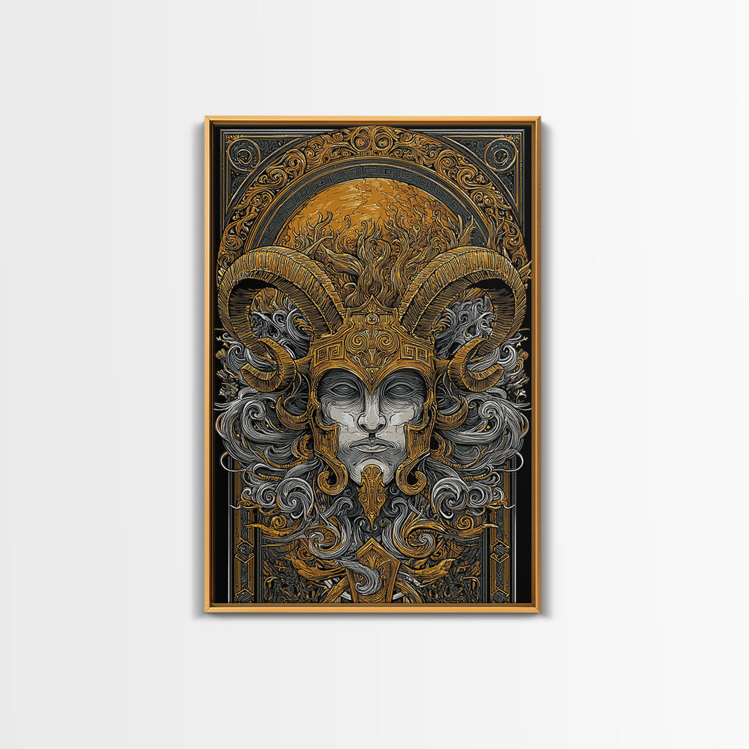 Mythical Horned Warrior Canvas Gold Canvas Print, Intricate Greek God Art, Luxury Wall Decor, Real Wood Frame Artwork