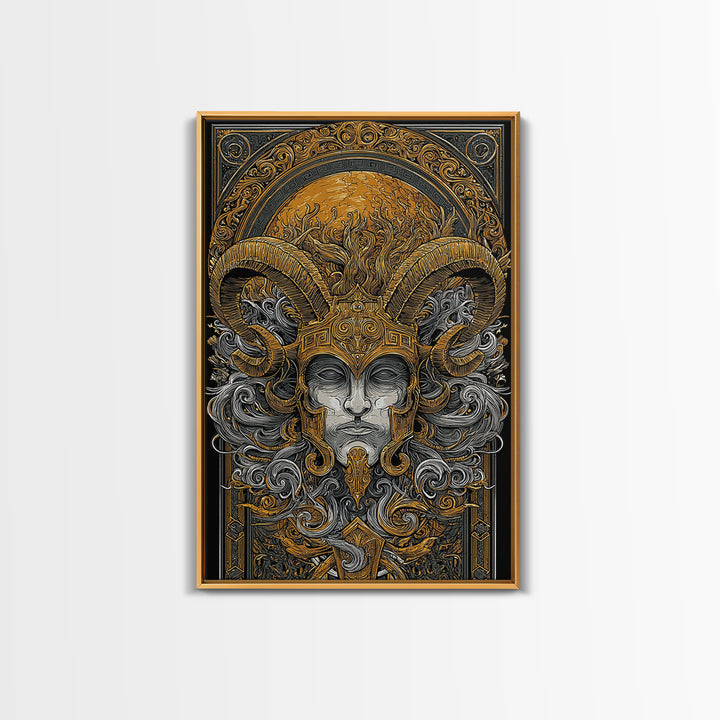 Mythical Horned Warrior Canvas Gold Canvas Print, Intricate Greek God Art, Luxury Wall Decor, Real Wood Frame Artwork