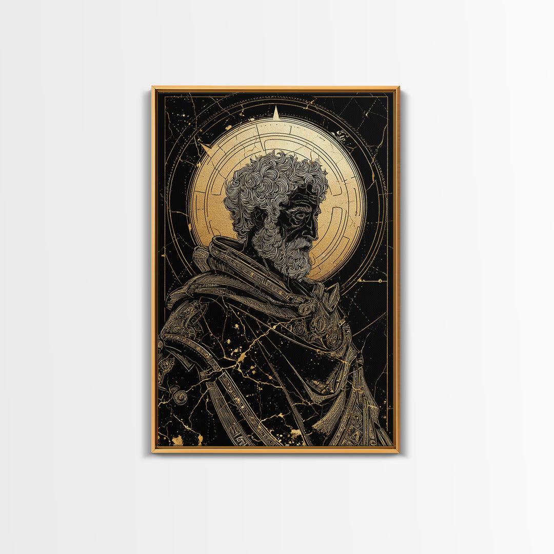Ancient Philosopher Bust Canvas Gold Canvas Print, Greek Portrait Wall Art, Regal Mythology Decor, Real Wood Frame