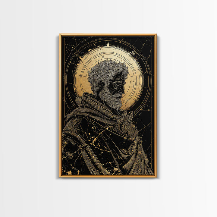 Ancient Philosopher Bust Canvas Gold Canvas Print, Greek Portrait Wall Art, Regal Mythology Decor, Real Wood Frame