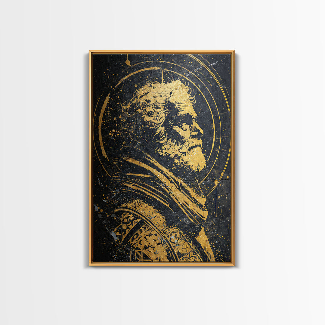 Stoic Elder Portrait Canvas Gold Canvas Print, Greek Philosopher Wall Art, Abstract Ancient Decor, Real Wood Frame