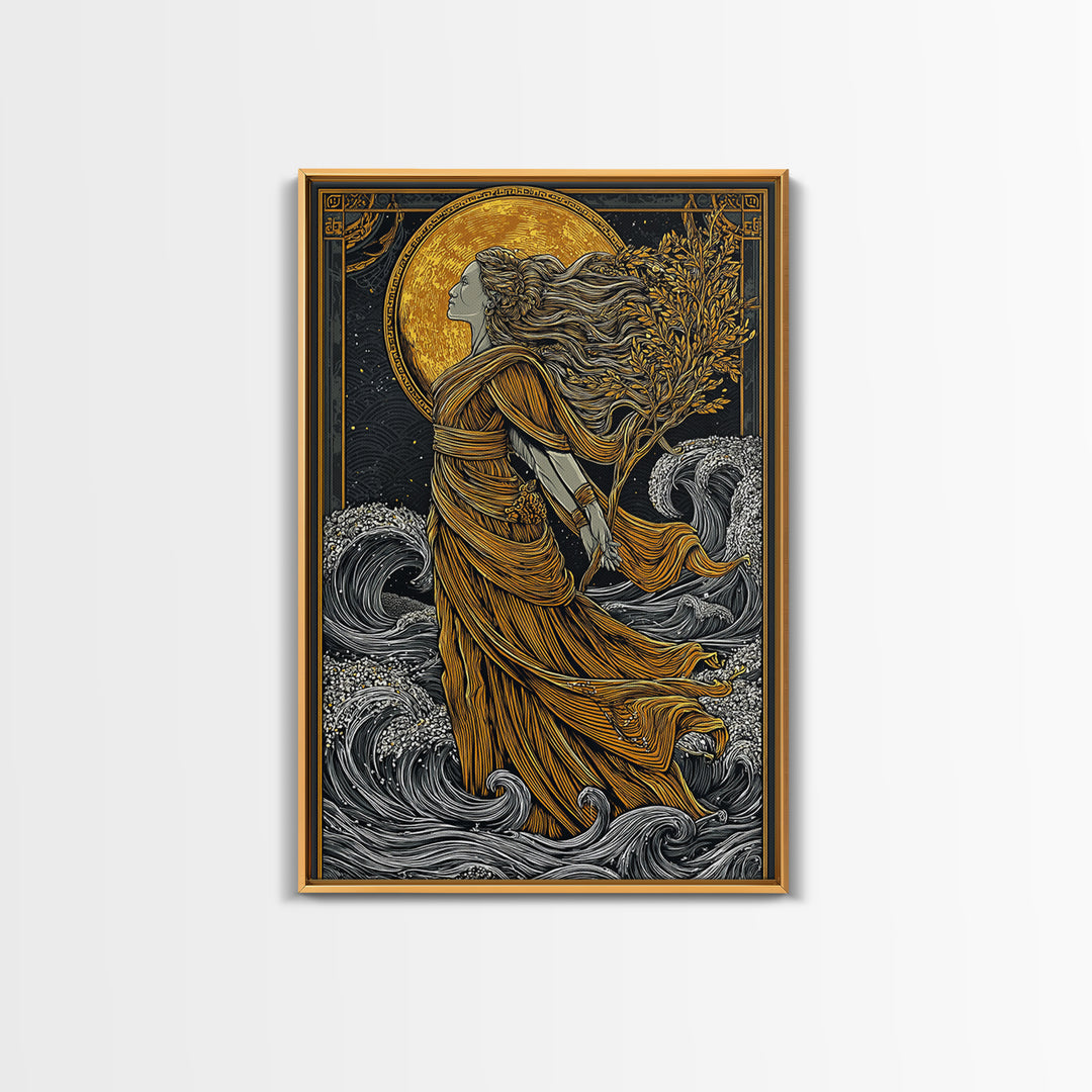 Moonlit Goddess Canvas Gold Canvas Print, Flowing Mythology Wall Art, Timeless Greek Fantasy Decor, Real Wood Frame