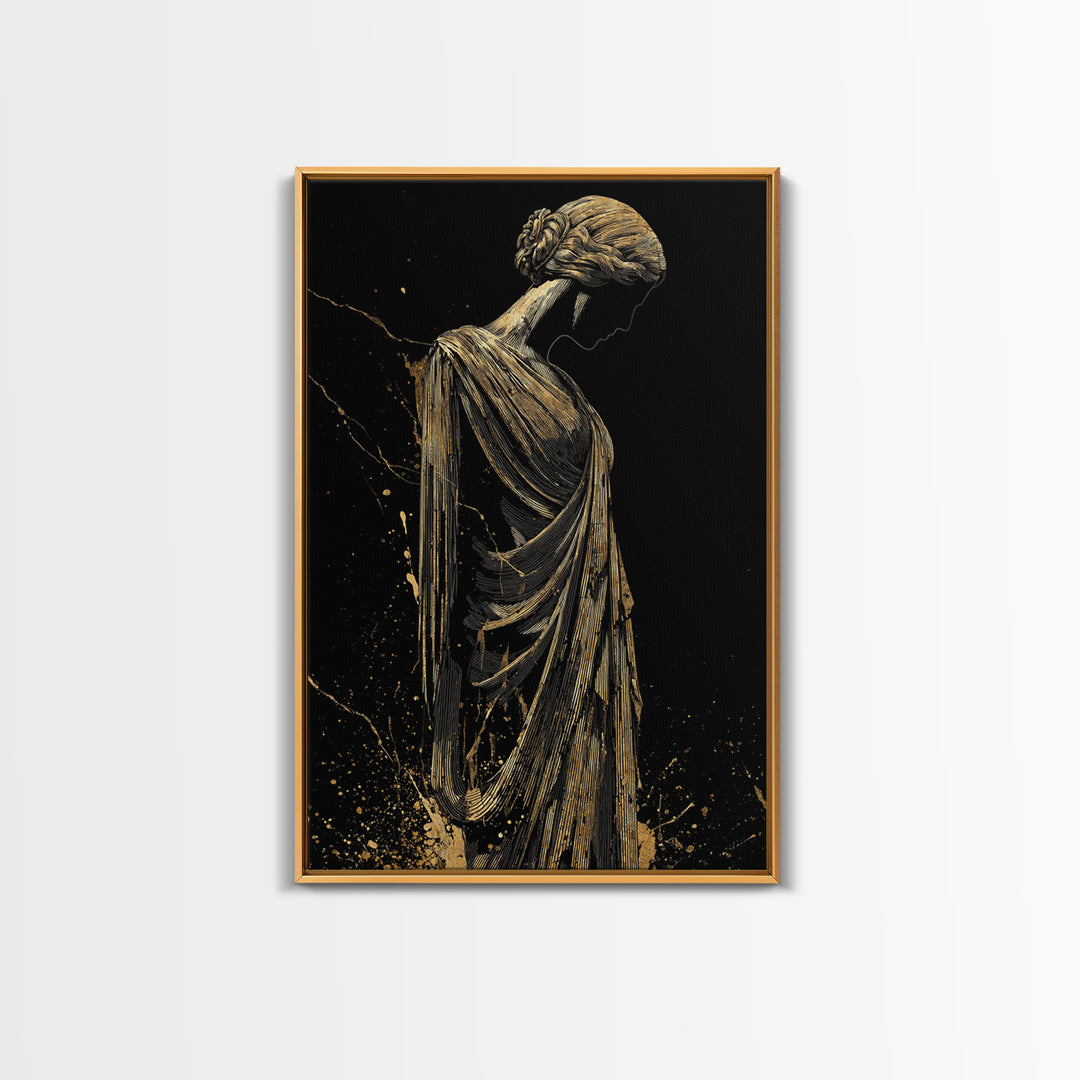 Grecian Muse Silhouette Canvas Gold Canvas Print, Elegant Greek Goddess Art, Minimalist Luxury Wall Decor, Real Wood Frame