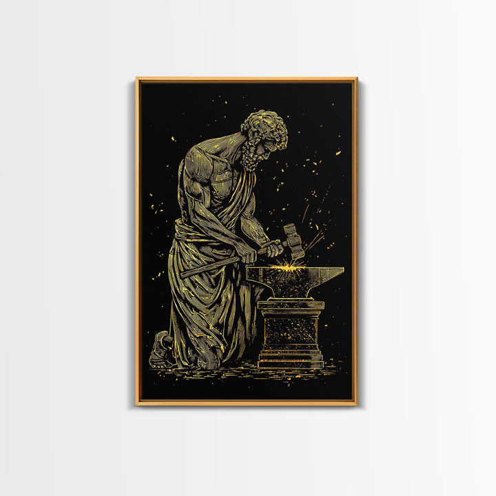 Hephaestus At Forge Canvas Gold Canvas Print, Greek God Blacksmith Art, Strong Mythology Wall Decor, Real Wood Frame