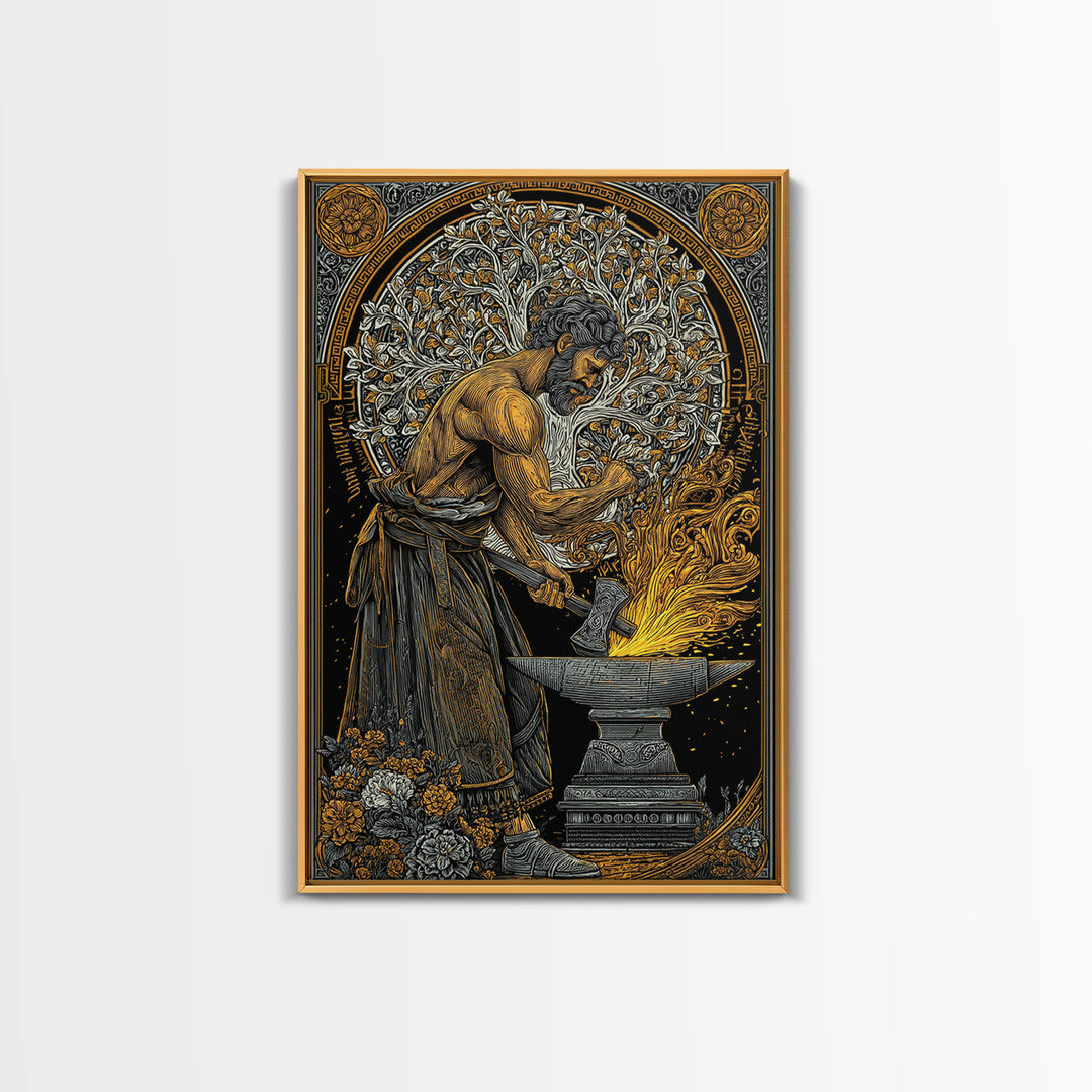Mythical Forge Master Canvas Gold Canvas Print, Ancient Greek Hephaestus Art, Dramatic Mythology Wall Decor, Real Wood Frame