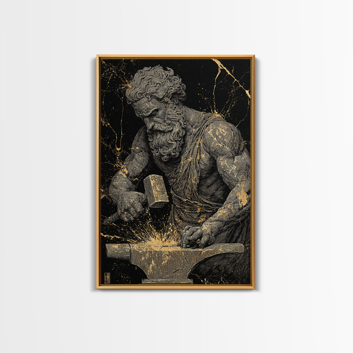 Greek God At Anvil Canvas Gold Canvas Print, Mythological Hephaestus Art, Classic Blacksmith Wall Decor, Real Wood Frame