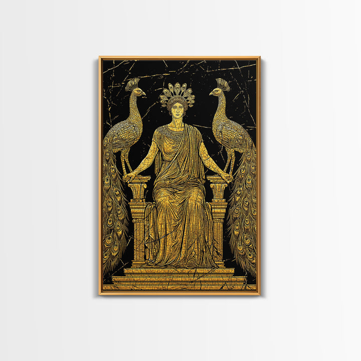 Greek Goddess Hera With Peacocks Canvas Gold Canvas Print, Mythology Wall Art, Luxury Wood Framed Art Decor