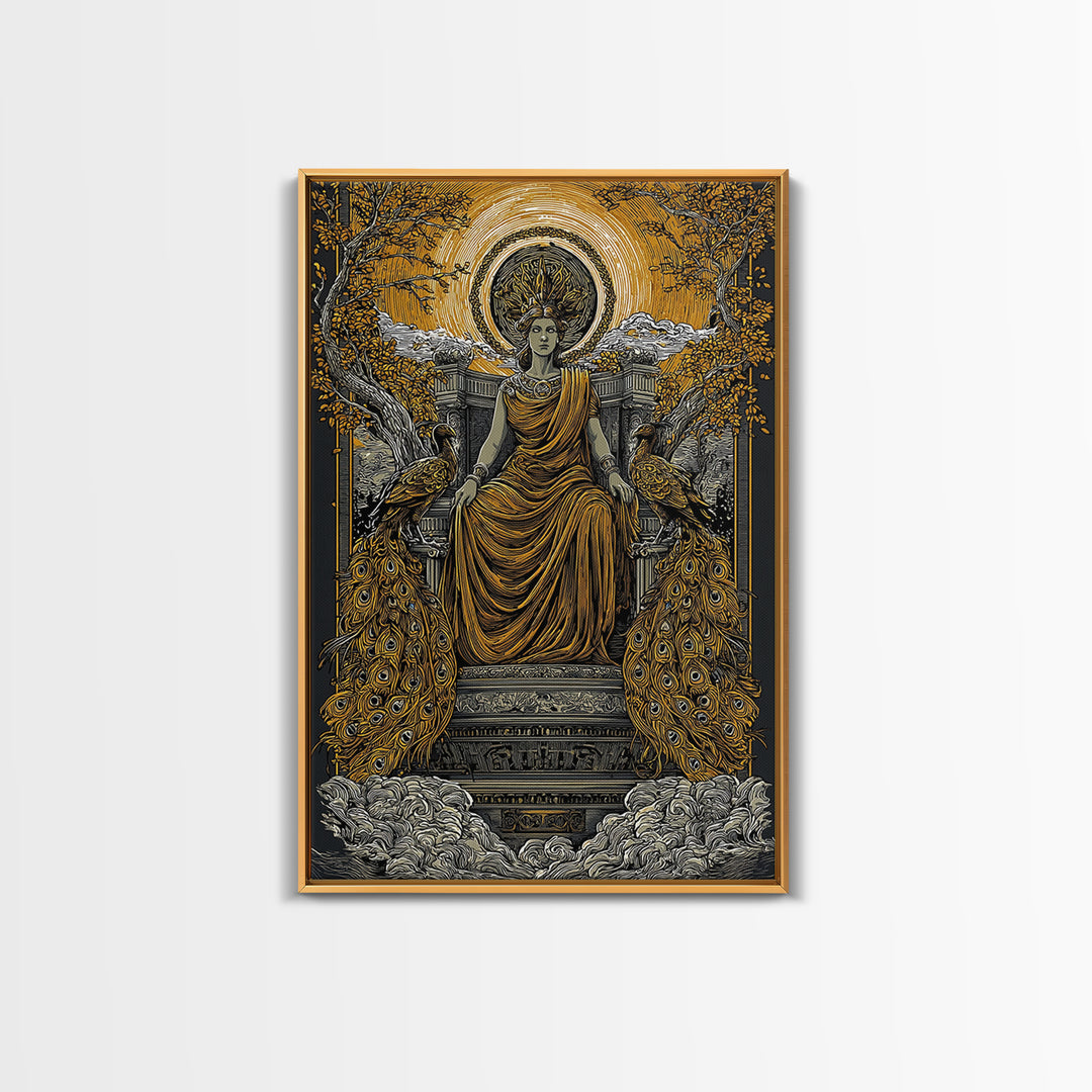Divine Queen Hera Canvas Gold Canvas Print, Greek Goddess Wall Art, Regal Mythology Decor, Real Wood Frame Artwork
