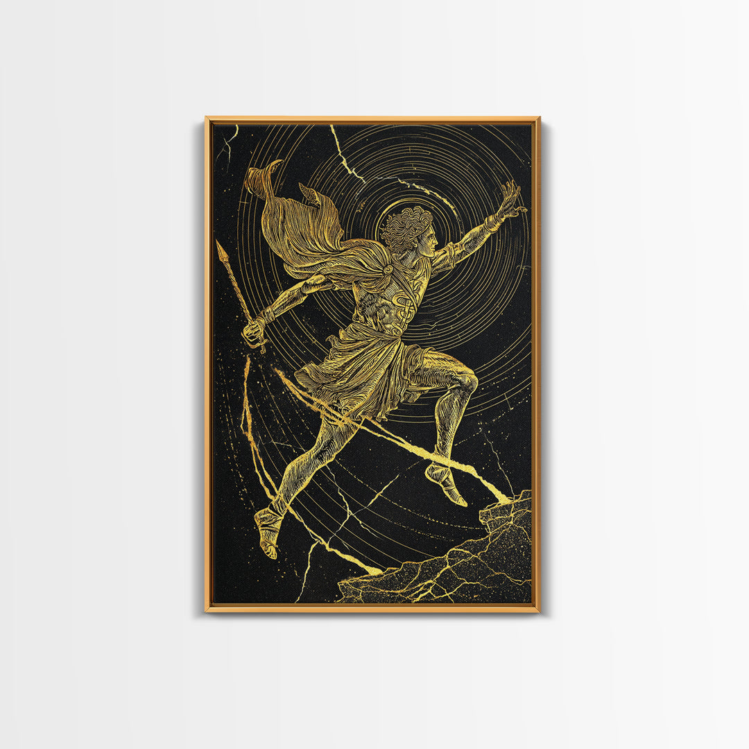 Hermes Running With Caduceus Canvas Gold Canvas Print, Greek God Art, Mythology Wall Decor, Luxury Wood Framed Print