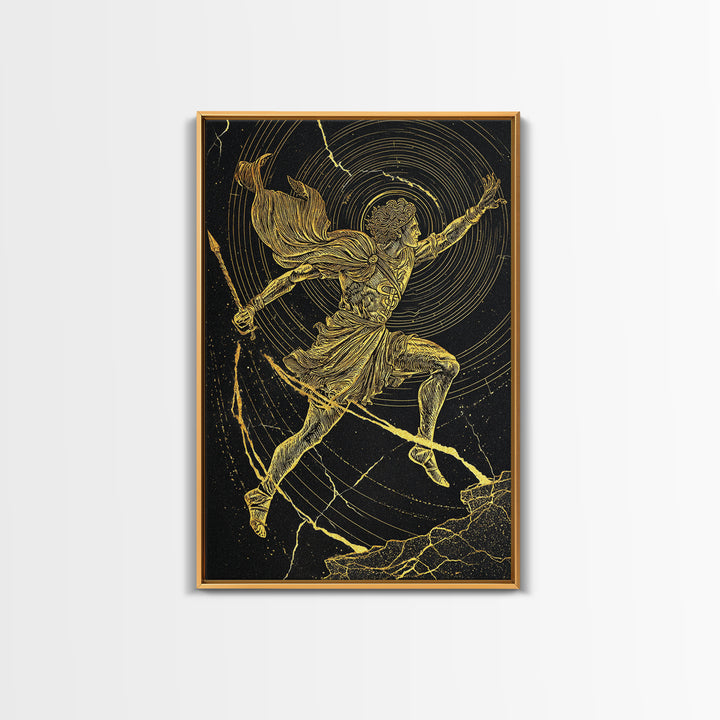 Hermes Running With Caduceus Canvas Gold Canvas Print, Greek God Art, Mythology Wall Decor, Luxury Wood Framed Print