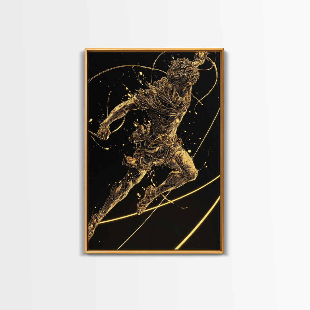 Hermes Leaping Canvas Gold Canvas Print, Greek God Wall Art, Divine Mythology Inspired Decor, Luxury Wood Framed Art