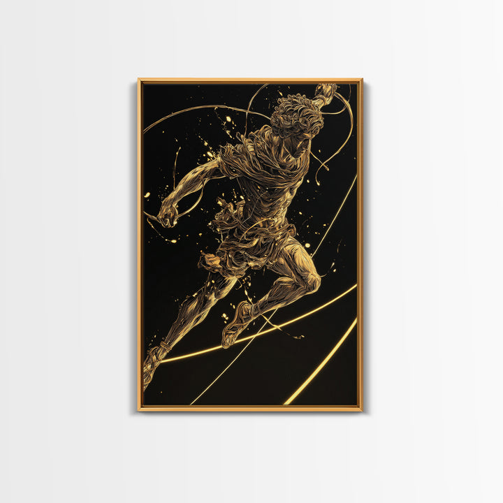 Hermes Leaping Canvas Gold Canvas Print, Greek God Wall Art, Divine Mythology Inspired Decor, Luxury Wood Framed Art