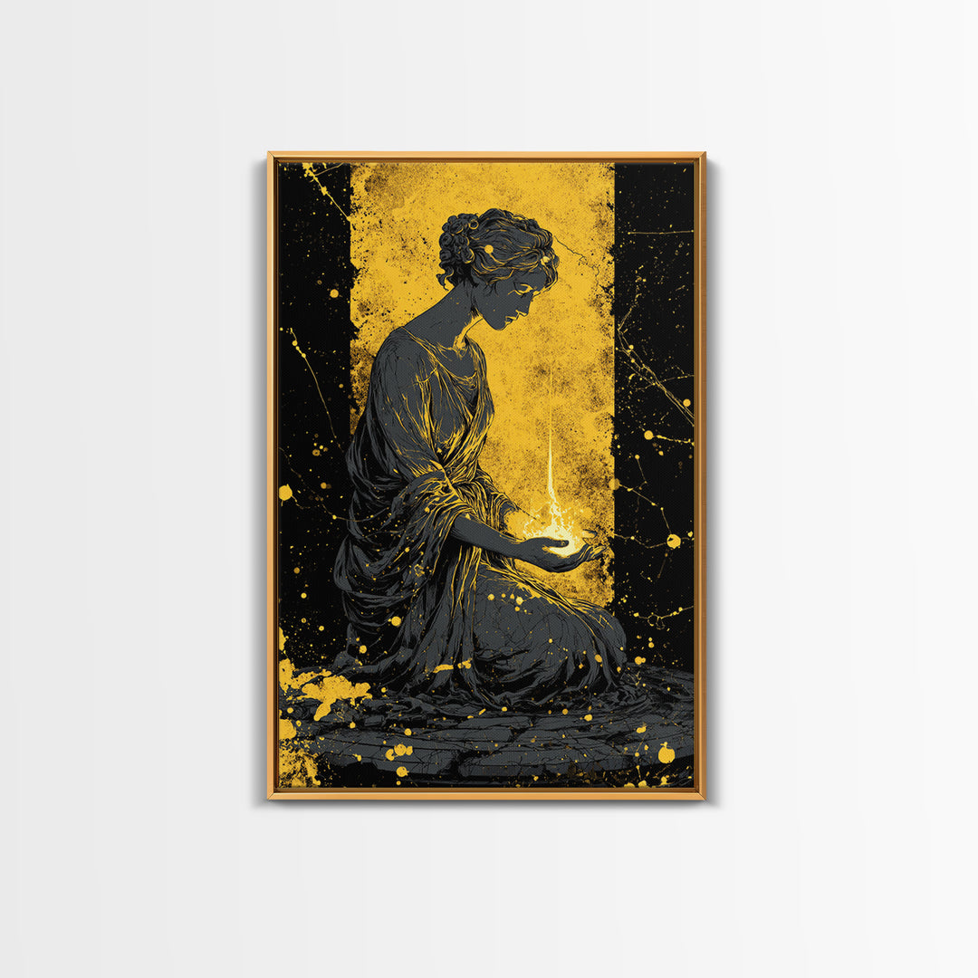 Greek Goddess Hestia With Flame Canvas Gold Canvas Print, Ancient Mythology Wall Art, Real Wood Frame Home Decor