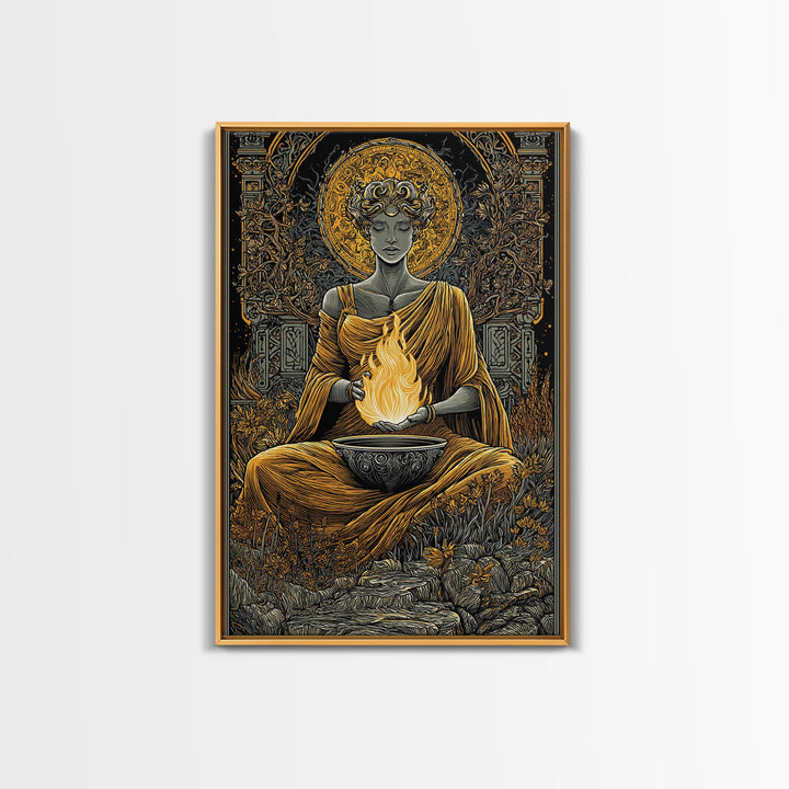 Hestia Goddess Of The Hearth Canvas Gold Canvas Print, Divine Fire Wall Art, Mythology Inspired Decor, Wood Frame Print