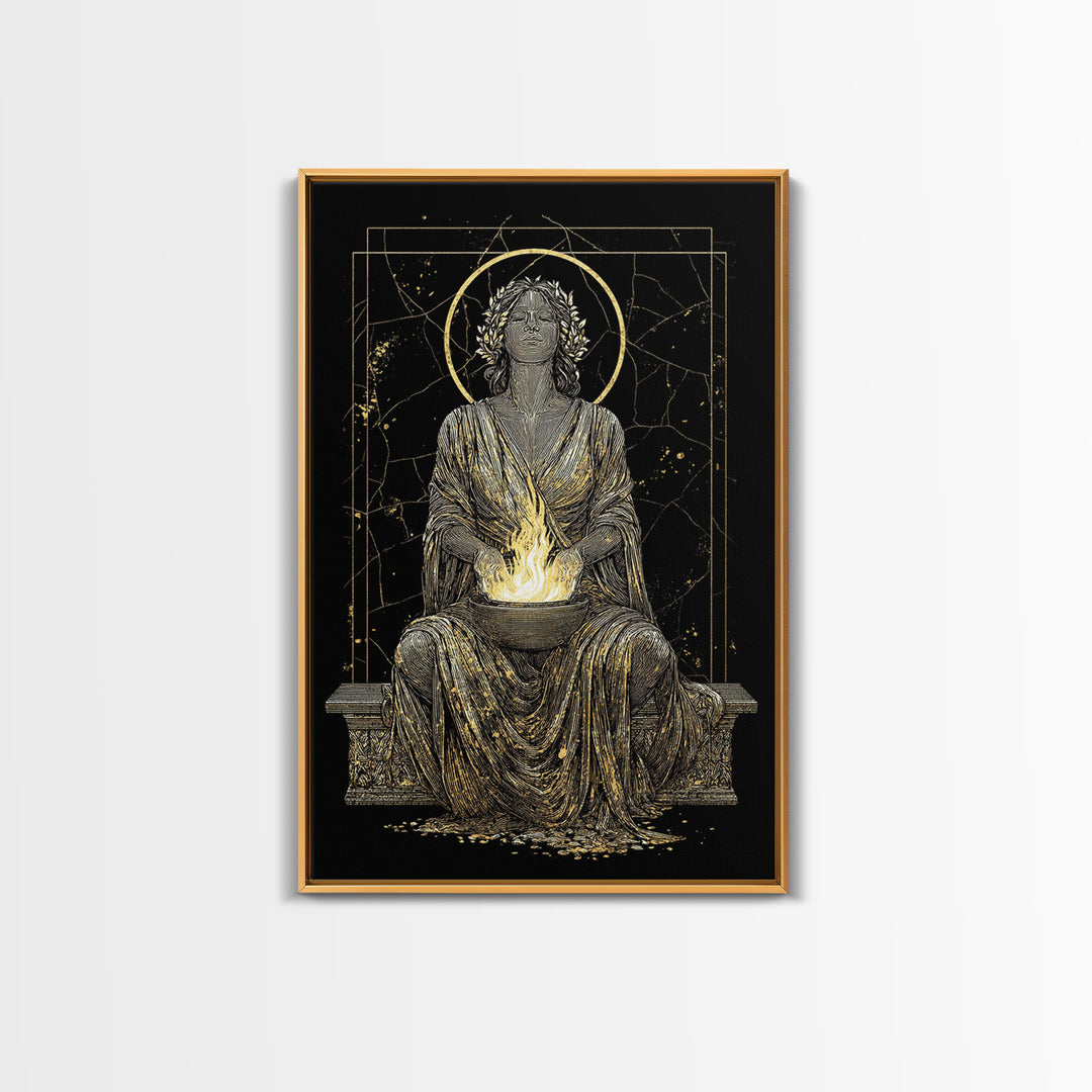 Sacred Flame Hestia Canvas Gold Canvas Print, Greek Goddess Wall Art, Ancient Mythology Decor, Luxury Wood Frame Artwork