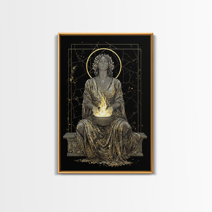 Sacred Flame Hestia Canvas Gold Canvas Print, Greek Goddess Wall Art, Ancient Mythology Decor, Luxury Wood Frame Artwork