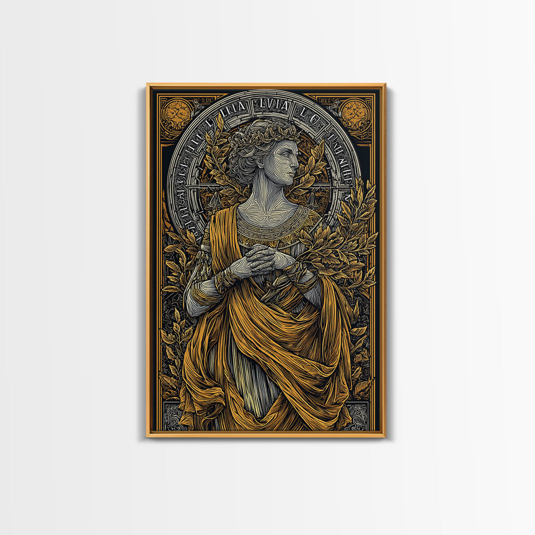 Greek Goddess Hestia With Fire Bowl, Mythology Canvas Gold Canvas Print, Ancient Goddess Wall Art, Real Wood Frame